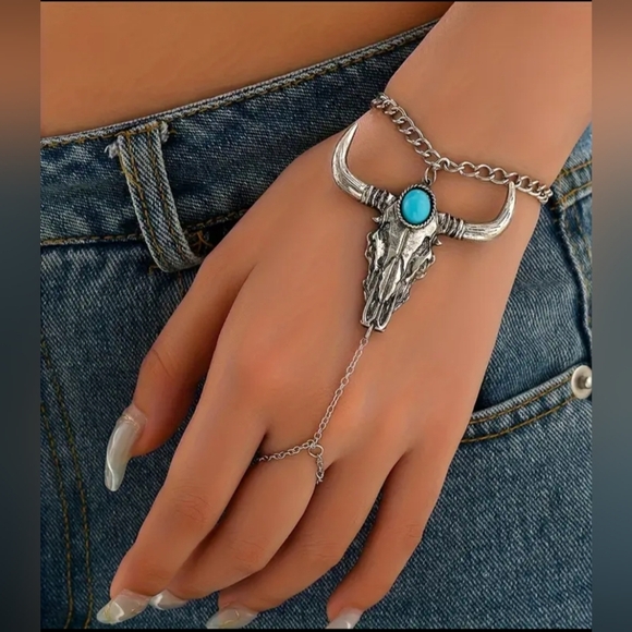 2/$40 Silver and Turquoise Bull Skull Hand Chain Bracelet (#031) - Picture 1 of 5